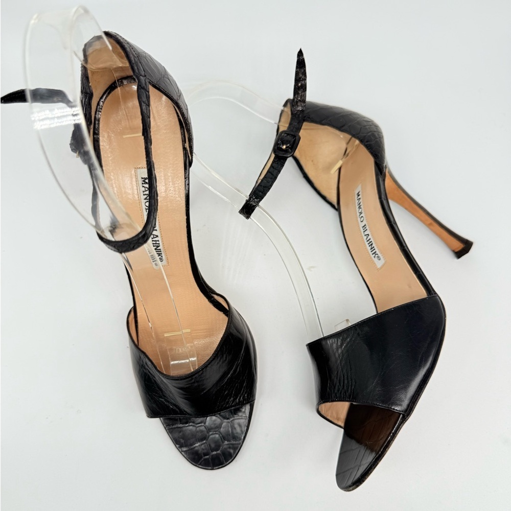 Manolo Blahnik Black Crocodile embossed leather strappy high heel sandals EU 39